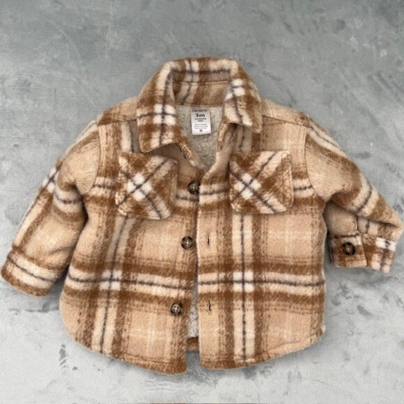Baby Carter's Plaid Shacket, Cream Brown Tan, Size 3 months - Picture 1 of 10